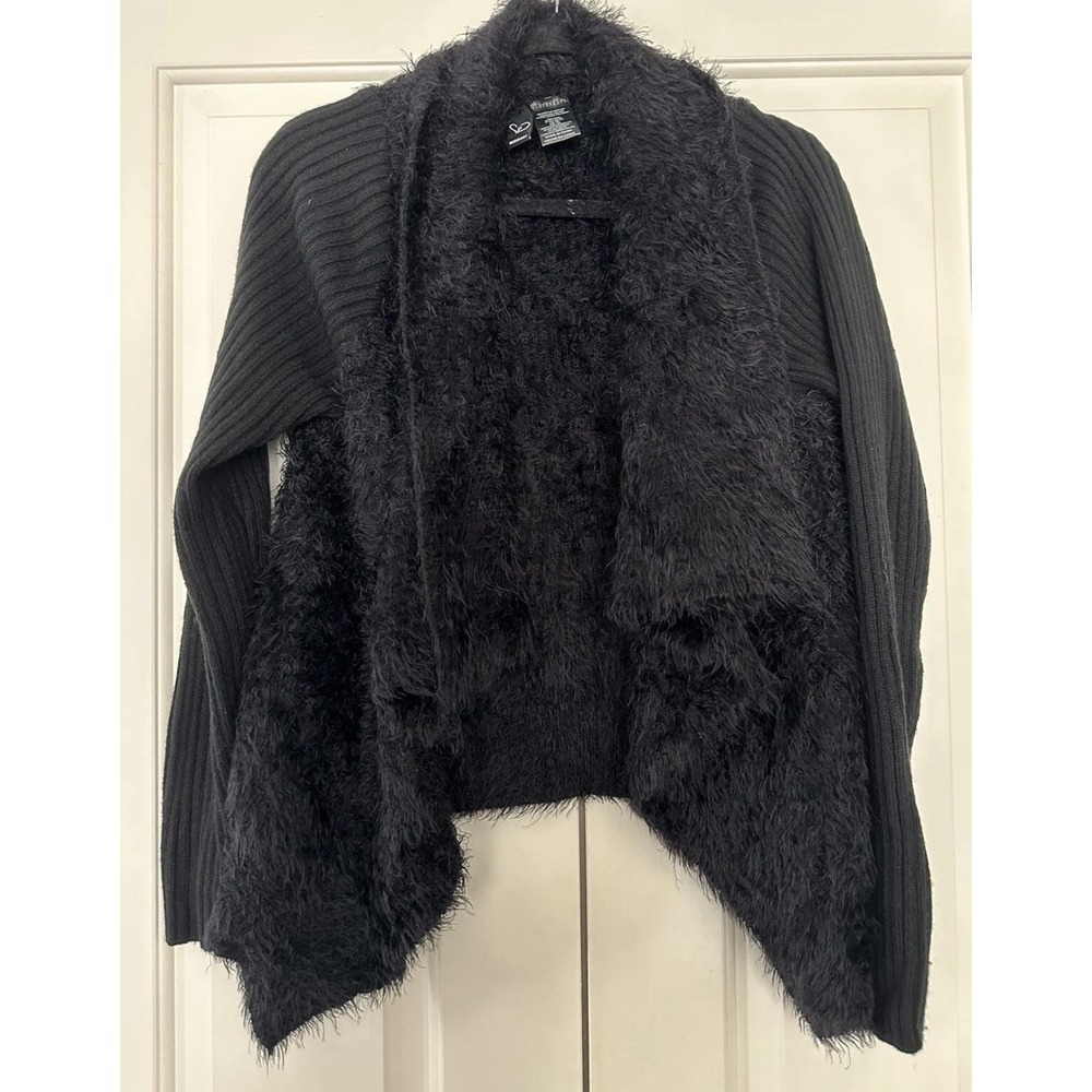 Windsor Cardigan Sweater Womens Small Black Fuzzy‎ Open Front Draped Hem Knit